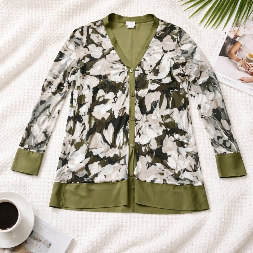 Chico's 1 Womens Olive Green Abstract Floral Mesh Button Front Cardigan Medium